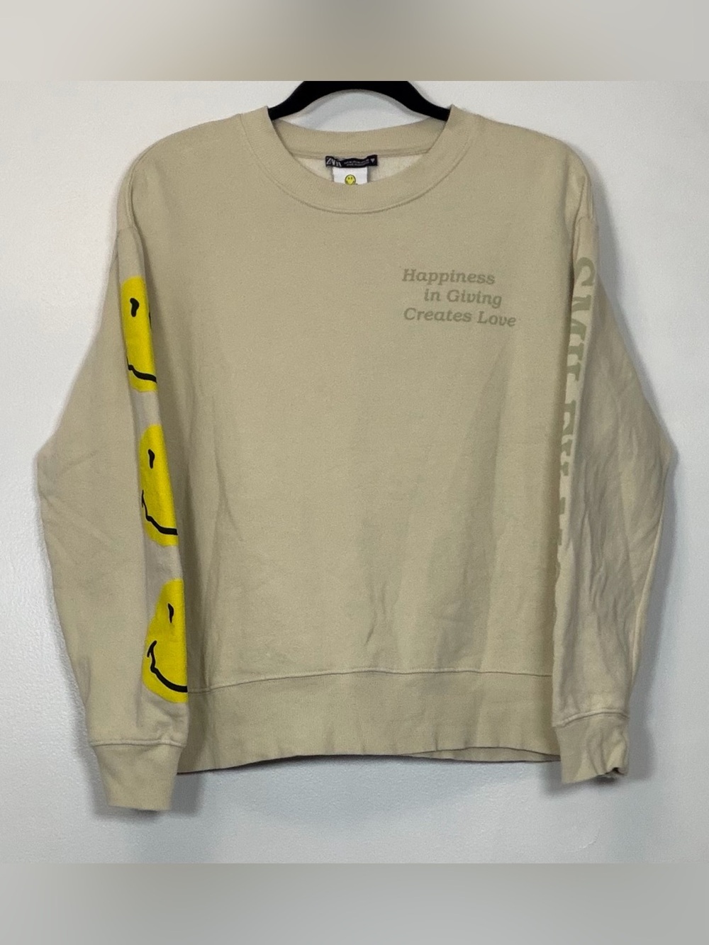 Zara Beige Sweatshirt with Yellow Smiley Graphic